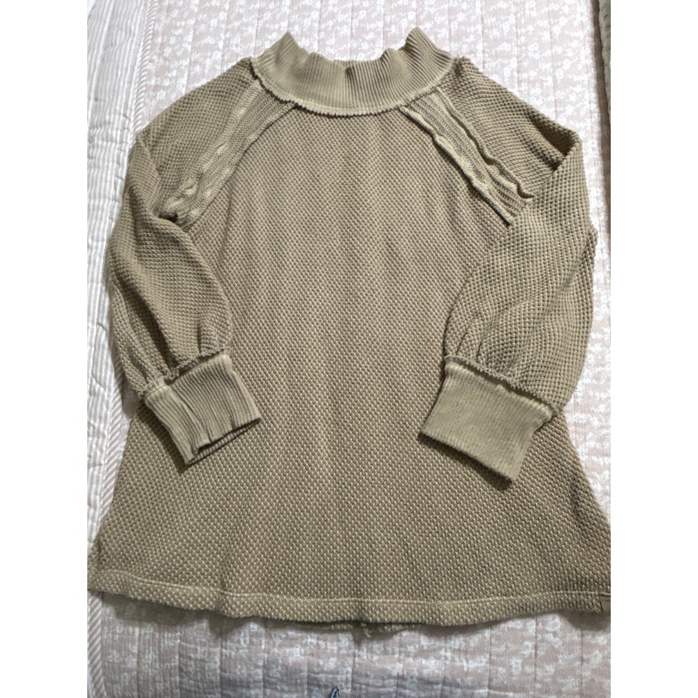We The Free Free People Waffle Knit Thermal Mock Neck Top Tan Beige XS